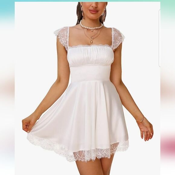 Women's Satin Lace Strap Mini Dress Square Neck Flowy A-Line Ruffle Swing Casual - Picture 15 of 15